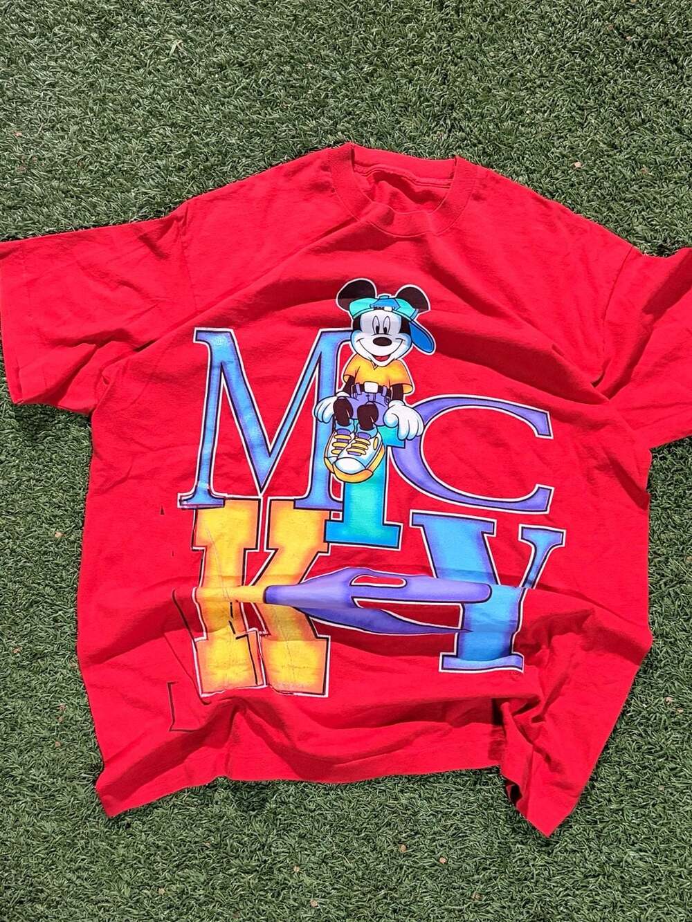Vintage 90s Disney Mickey Mouse 'Hip Hop' Graphic Red T-Shirt